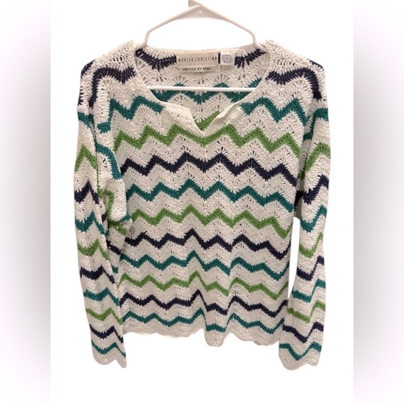 Vintage MARISA CHRISTINA Hand Knit Blue Cream Stripe Sweater Size Large - Picture 1 of 3